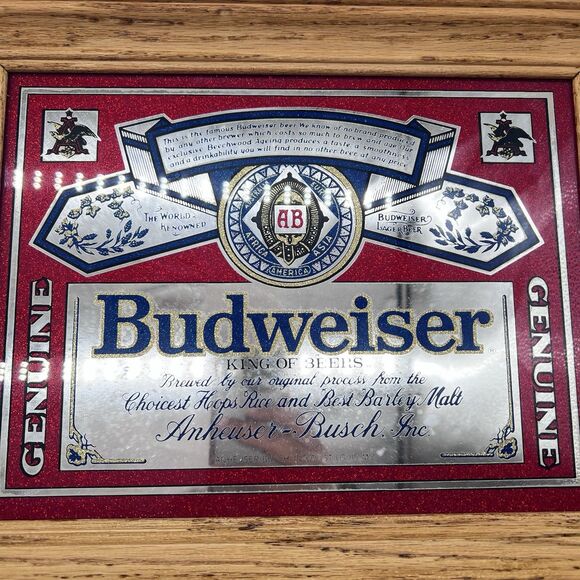 Vintage Budweiser Beer Advertising Solid Wood Framed Mirror Sign Bud-NOS 1981 - Picture 2 of 6